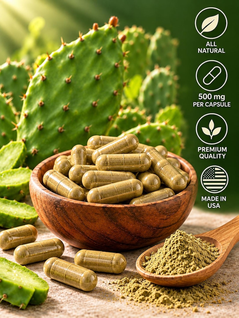 May include: A wooden bowl filled with brown herbal capsules, accompanied by a wooden spoon containing herbal powder. Text on the right indicates all natural, 500 mg per capsule, premium quality, and made in USA.