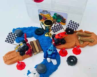 Monster Truck Sensory Bin: Play Dough & Kinetic Sand with Trucks