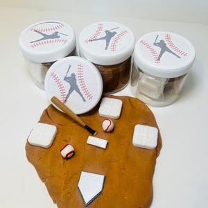 Baseball Party Favors| Play Dough Jars with Bat, ball and bases| personalized label