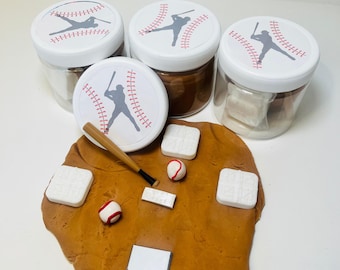 Baseball Party Favors| Play Dough Jars with Bat, ball and bases| personalized label