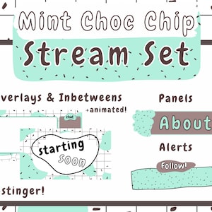 Mint Chocolate Chip Stream Package | Twitch | Webcam/Vtuber | Overlays | Offline | Animated BRB, Starting, Ending | Panels, Alerts | Stinger