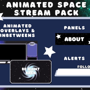 Animated Galaxy Space Stream Package | Twitch | Webcam/Vtuber | Animated Overlays | Offline | Animated BRB, Starting, Ending | Panels Alerts