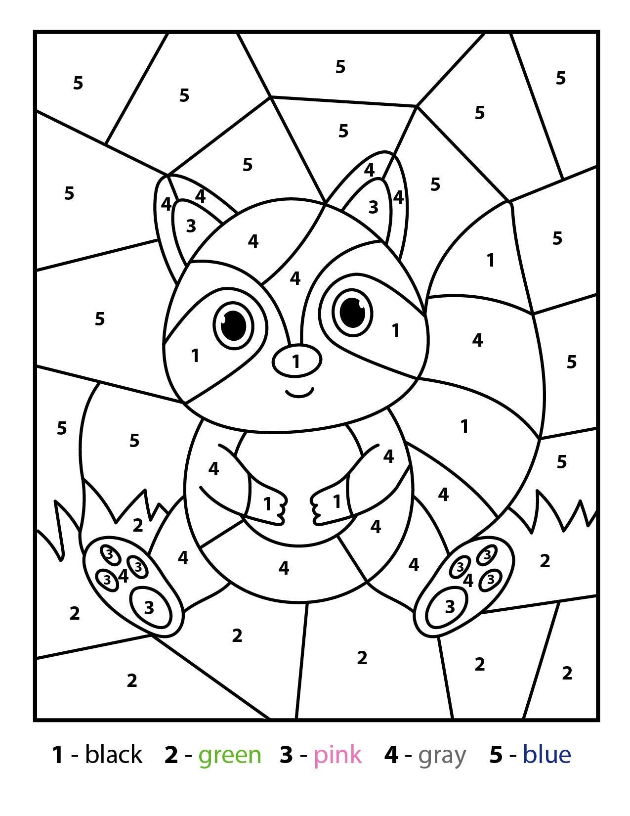 Raccoon Color by Number Kids Printable, Various Theme Coloring Pages