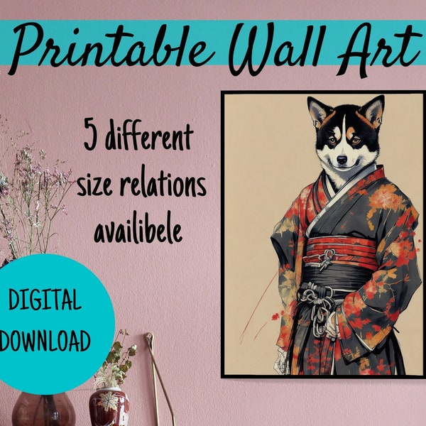 Samurai Dog Poster Japanese Art Printable Digital Download Wall Art Home Illustration Japan Ukio-e Portrait Kimono Geisha Manga