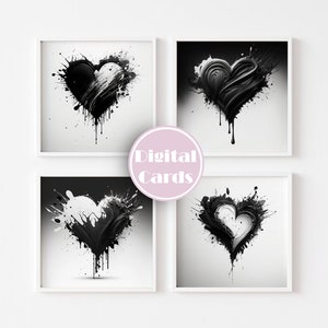 Afdrukbare zwarte hart schilderijen/tekeningen, zwarte minimalistische kaart, digitale kaart, downloadbare kaart, zwart-wit kunst, afdrukbare kaarten