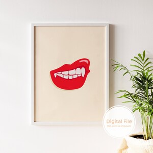 Vampire Fangs Halloween Decor, Spooky Wall Art, Fall Home Decor, Red Lips Wall Art, Trendy Fall Art Print, Vintage Fangs Poster, Digital Art