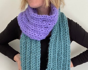 Purple and green hand knitted 100% merino wool scarf