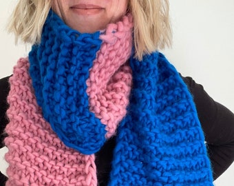 Blue and pink hand knitted merino wool scarf