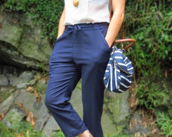 Casual Chic Summer Capri Pants: Navy Blue Cotton Linen, Women's Trendy Fashion, Adjustable Waist, Comfortable Fit