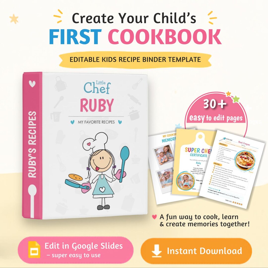 Kids Cookbook Layout Editable Kids Cookbook Template for Girls | Pink Recipe Binder | Little ...