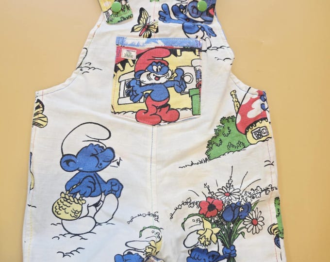 3M 121- Reversible baby Overalls - upcycled vintage smurfs pillowcase and vintage cotton sheet