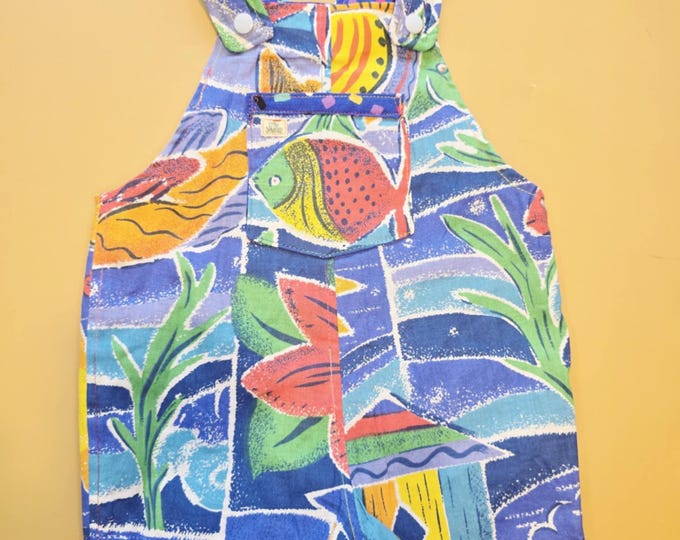 Reversible Baby Overalls (9-12 Months) – Upcycled Vintage Cotton, Holiday Fish Theme