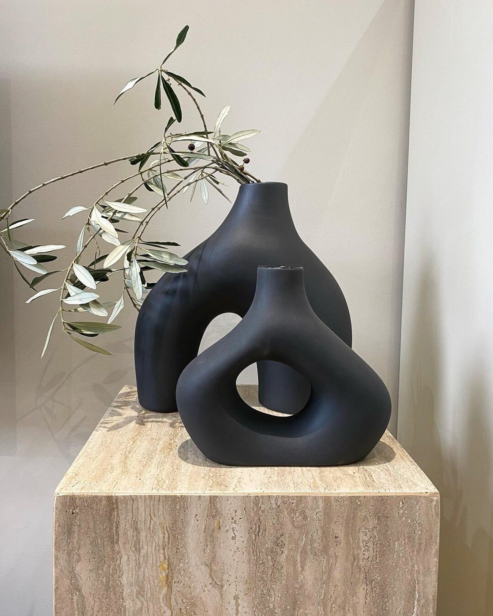 Nordic Donut Ceramic Vase Set: Boho Minimalist Decor - Light Beige, Large (8 inches)
