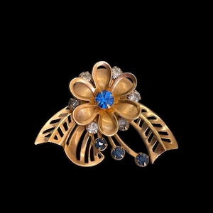 Vintage Bright and Blue Gold Tone, Blue Rhinestone Brooch