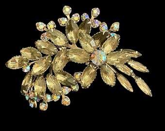 Grande spilla floreale vintage color fumo con strass Aurora Boreale