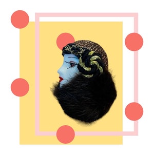 Vintage Flapper Brooch with Mink Stole, Black/ Gold Headpiece