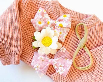 Daisies Hair Bows Set, Toddler Hair Clips and Headband Convertible Bow System, Siblings Bows