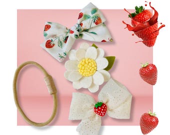 Strawberry Hair Bows Set, Toddler Hair Clips and Headband Interchangeable Bow System,  berry sweet Siblings Bows