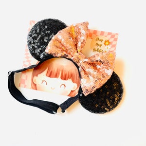 Minnie Ears for baby girl and toddler, Adjustable and soft elastic base, Rose Gold Bows, Classic Black Ears