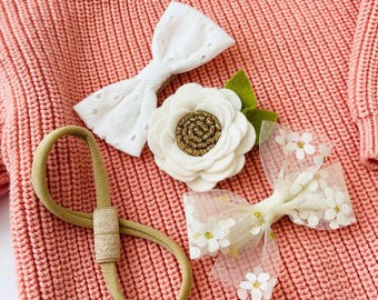 Toddler Girl Hair Bows Set | Ivory White Interchangeable Headband & Clip System | Siblings Hair Accessories