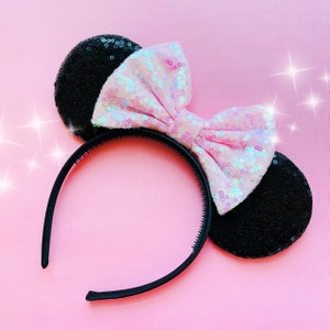 Mouse Ears headband, Minnie Ears lightweight headband, Custom color Bow, fits toddler to Adults, Black sequins Mouse ears