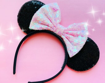 Diadema Mouse Ears, diadema ligera Minnie Ears, lazo de color personalizado, se adapta a niños pequeños y adultos, lentejuelas negras Orejas de ratón
