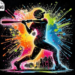 Bunter Baseballspieler schwingt Fledermaus Neon Splatter Sublimation PNG Digital Download für Sport-Shirts und Kunsthandwerk