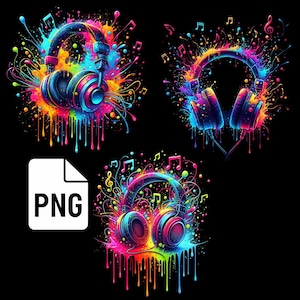 Auriculares de música coloridos PNG Diseño de sublimación Arte musical vibrante Salpicadura Clipart digital para camisetas, sudaderas, pósteres, pegatinas y más