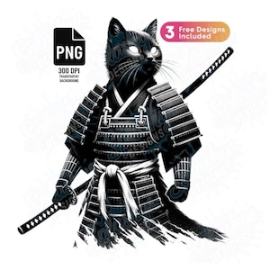 サムライ猫PNG鎧を着た戦士猫日本のサムライアート昇華デザイン印刷可能な忍者猫クリップアート刀猫デジタルTシャツ用ダウンロード