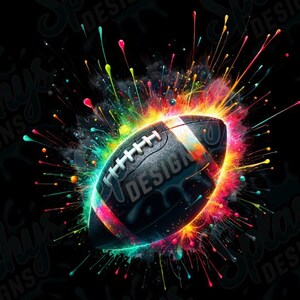 May include: A digital illustration of a football with a vibrant explosion of colorful paint splatters. The football is black with white laces and a white stripe. The word "DESIGN" is visible on the football.