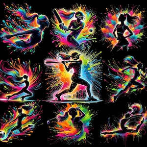 Pacote PNG de sublimação esportiva feminina, clipart de garota atlética neon, silhuetas esportivas femininas coloridas, download digital para camisetas e canecas