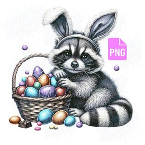 Lapin de Pâques raton laveur mignon avec panier d'oeufs colorés PNG Clipart sublimation Design