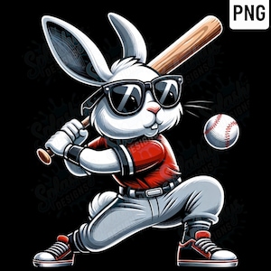 Puede incluir: Ilustración de un conejo blanco con gafas de sol y uniforme de béisbol, balanceando un bate de madera hacia una pelota de béisbol. Fondo negro.