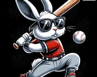 Cool Baseball Bunny PNG | Cute Cartoon Rabbit with Bat | Sports Animal Clipart for Kids Shirts, Stickers, Sublimation, DIY Crafts & Digital