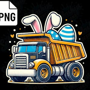 Könnte beinhalten: Ein gelber Kipplaster mit Hasenohren und Ostereiern in der Ladefläche. Der Laster ist im Cartoon-Stil gehalten und hat einen schwarzen Kühlergrill und blaue Scheinwerfer.