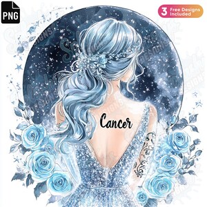 Kunst aan de muur sterrenbeeld kanker | Aquarel astrologie vrouw illustratie | Blauwe roos maan kunstafdruk | Sterrennacht hemels meisje poster png