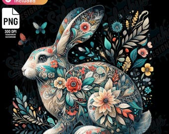 Floral Rabbit PNG Sublimation Design Boho Bunny Shirt Graphic Rabbit Lover Digital Download
