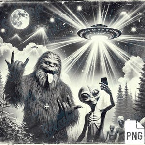 面白いビッグフットとエイリアンの自撮りPNG UFO宇宙船シーン昇華デザインデジタルダウンロードSF愛好家のための未確認生物ファン宇宙アート