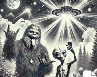 Funny Bigfoot and Alien Selfie PNG UFO Spaceship Scene Sublimation Design Digital Download for Sci Fi Lovers Cryptid Fans Outer Space Art