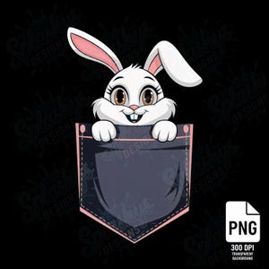 ポケットにかわいいウサギのPNGクリップアートデジタルダウンロード、子供用シャツ、昇華転写イースターバニーデザイン、ステッカー、クラフト、アイロン転写用