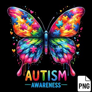 Autismus Bewusstsein Schmetterling PNG, Sublimationsdesign für T-Shirts, Puzzlestück Regenbogen Clipart, DTG druckbares Autismus Unterstützungsgrafikdesign
