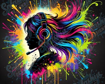 Paquete PNG de chica gamer con auriculares para juegos por sublimación, clipart de chica con salpicaduras de neón coloridas, diseño de camiseta de jugadora femenina de deportes electrónicos