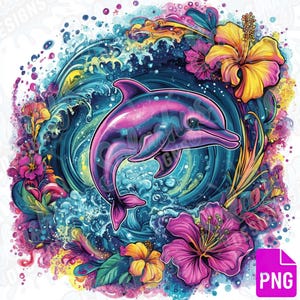Bunter Delphin mit Tropischen Blumen PNG Sublimation Design Lebendige Ozean Strand Thema Grafik für Hemden Becher Digitaler Download