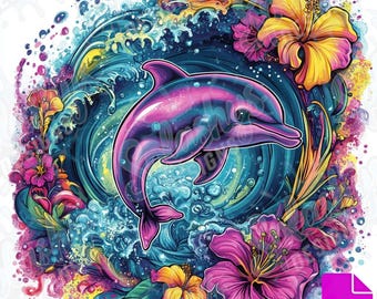 Design de camiseta PNG com golfinho tropical para férias na praia, estampa de verão, oceano, sublimação, vida marinha colorida, download digital.