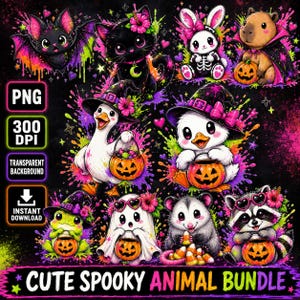 Leuke griezelige dieren PNG-bundel Halloween sublimatie clipart Summerween spook kat kikker vleermuis eend ontwerpen