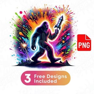 Fuochi d'artificio colorati di Bigfoot, stampa a sublimazione, Yeti patriottico, PNG del 4 luglio, Sasquatch arcobaleno, Clipart, Design per maglietta del Giorno dell'Indipendenza