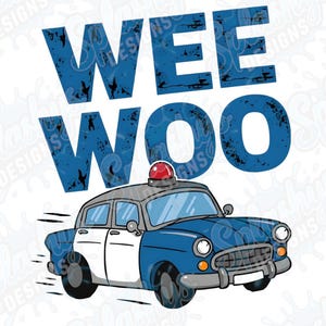 "Lustiges Vintages Polizeiauto ""Wee Woo"" Sirenenton Grafik - Cartoon Cop Car Illustration für Kinder und Erwachsene - Schräges Einsatzfahrzeug-Design."