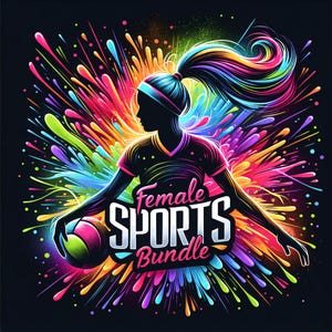 Pacote de sublimação de esportes femininos em neon colorido PNG Clipart vibrante de menina atlética para camisetas, copos e artesanato, designs de arte para impressão DTG