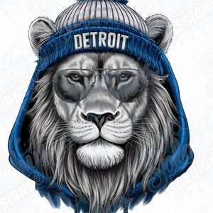 Gráfico PNG genial de Detroit Lion – León hipster con gorro y sudadera con capucha – Ilustración animal elegante – Arte de fanático de los deportes – Descarga digital PNG