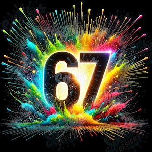 Puede incluir: Una vibrante obra de arte digital con el número "67" en una fuente negra audaz, delineada con un brillo de neón brillante. Los números están rodeados por una colorida explosión de pintura en tonos de azul, verde, amarillo, naranja y rosa, sobre un fondo negro.
